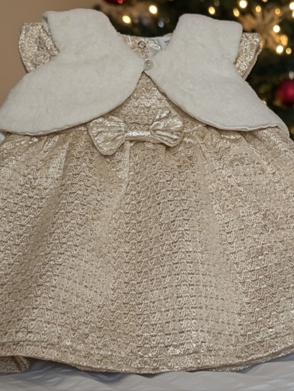 Gold Sparkle Infant Dress with Ivory Vest